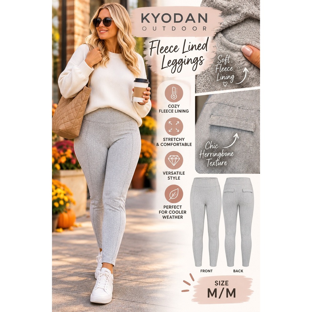 Kyodan Gray Herringbone Fleece Lined Leggings High Waisted Pockets Womens Medium